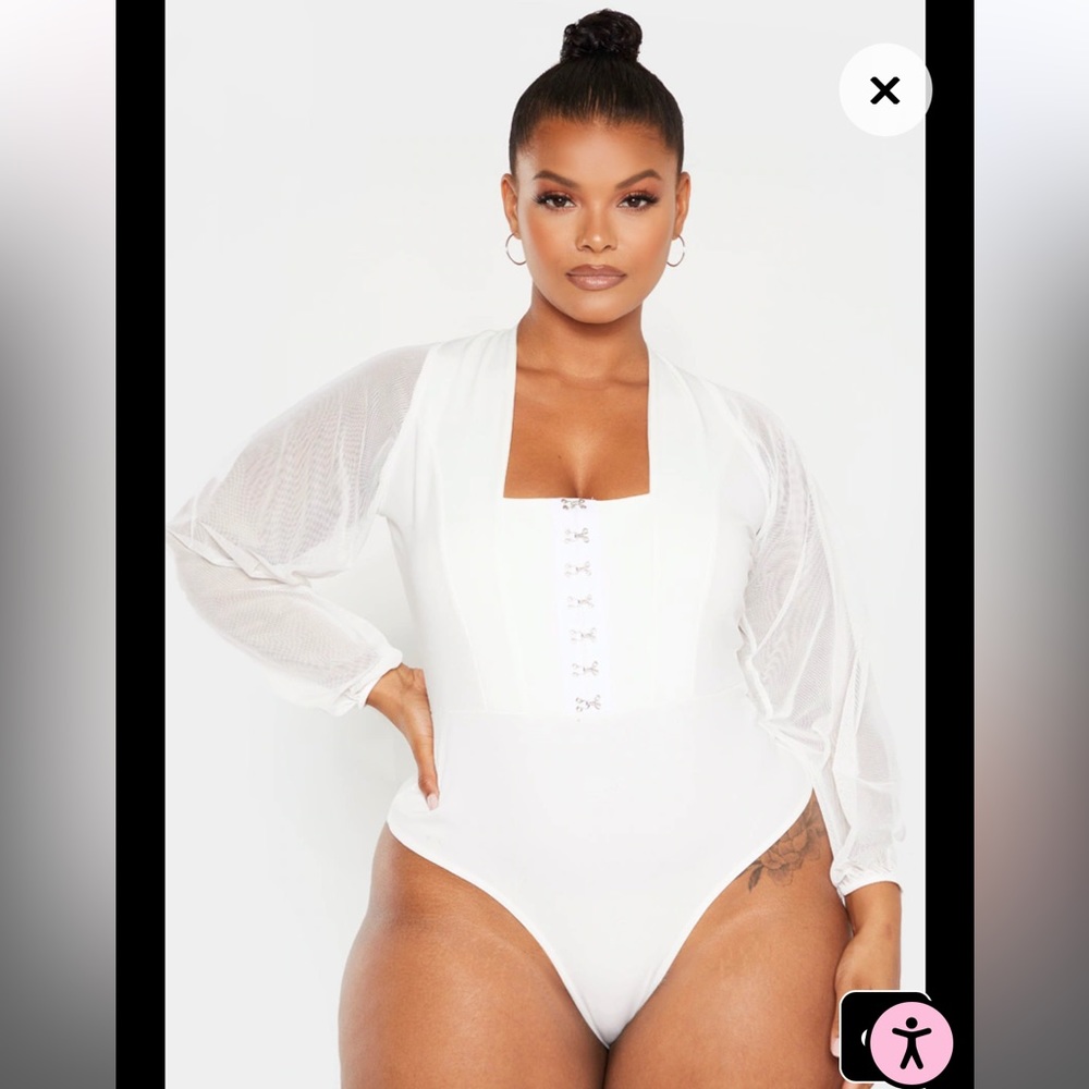 Plus White Eyelet Detail Mesh Sleeve Bodysuit